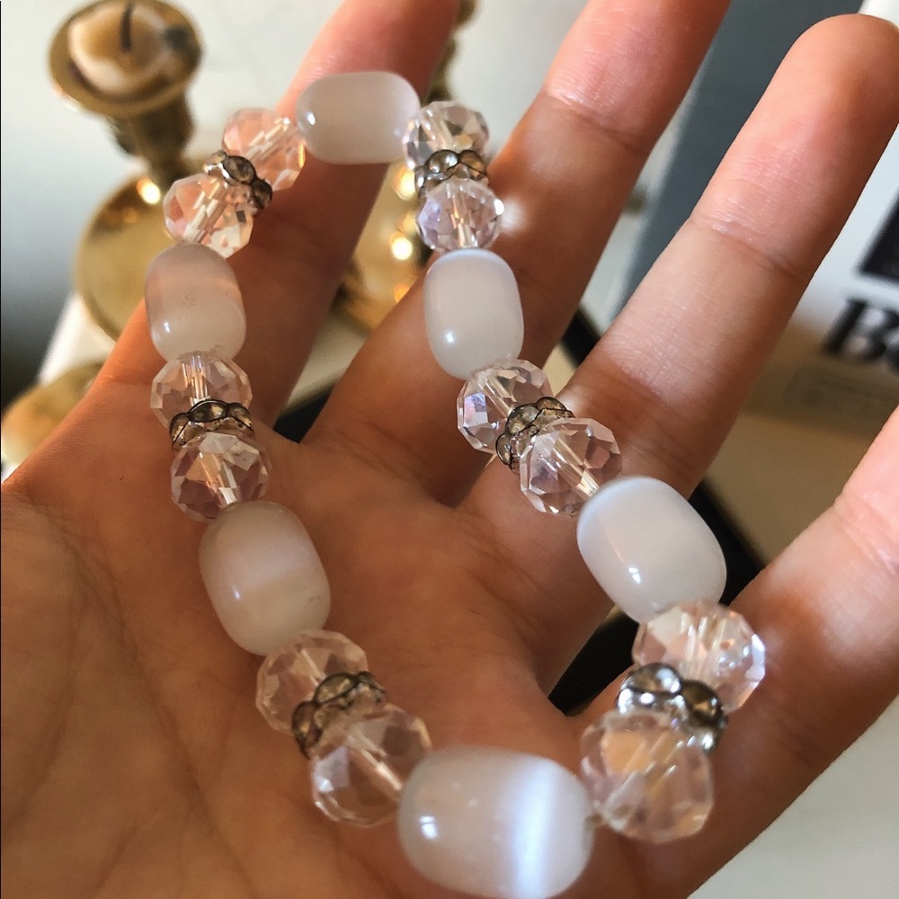 Silver and white glass beaded bracelet